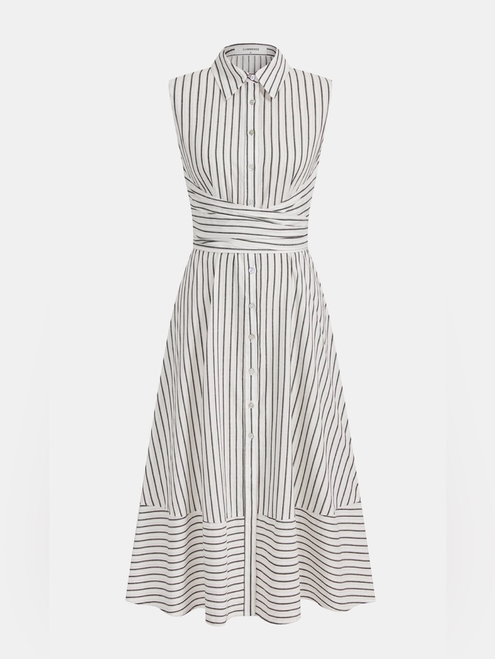 Commense Striped Collared Sleeveless Tie Waist Midi Dress